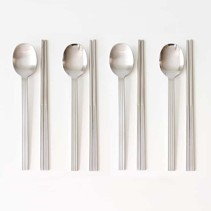 プリーツ ステンレス製カトラリーセット スプーン4本＆箸4膳［2種］