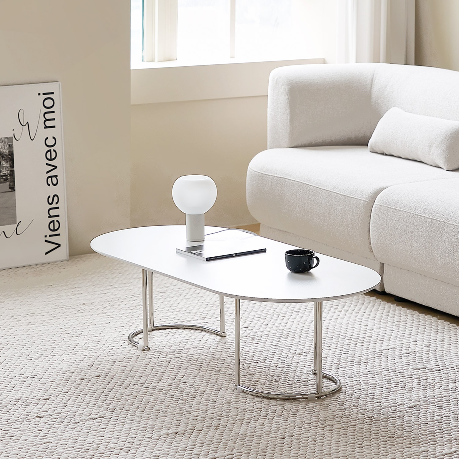 ROOM&HOME Ponde 楕円形 クローム ローテーブル［2サイズ］ ホワイト