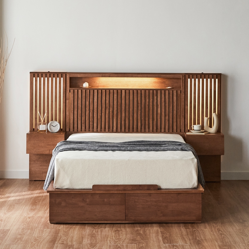 [신상품] 벤티스가구 데오 원목 서랍형 침대프레임 슈퍼싱글 협탁2개(월넛)