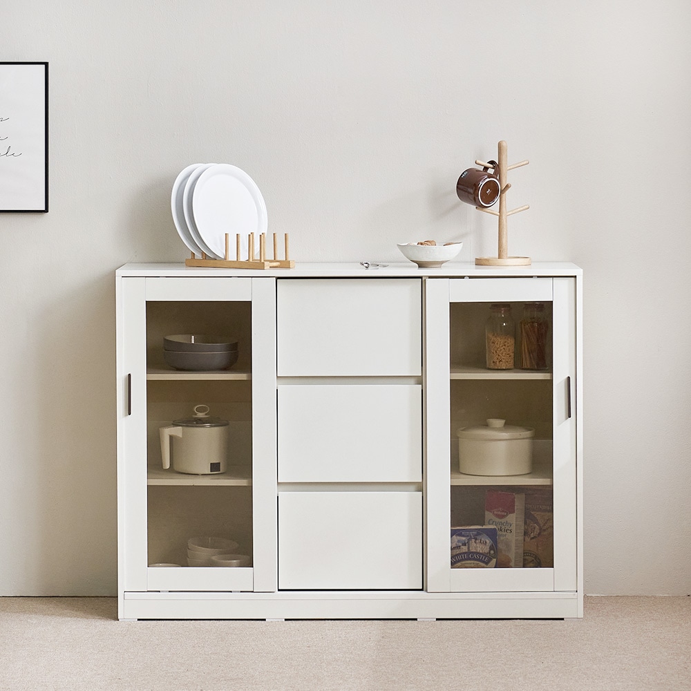 [신상품] 장인가구 아망드 슬라이딩 1200 유리 3단서랍 주방수납장 그릇장식장 홈카페장