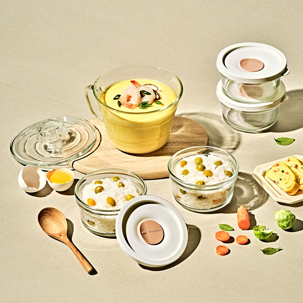 글라스락 렌지쿡 계란찜용+햇밥용기 원형4조세트(코지밀크)