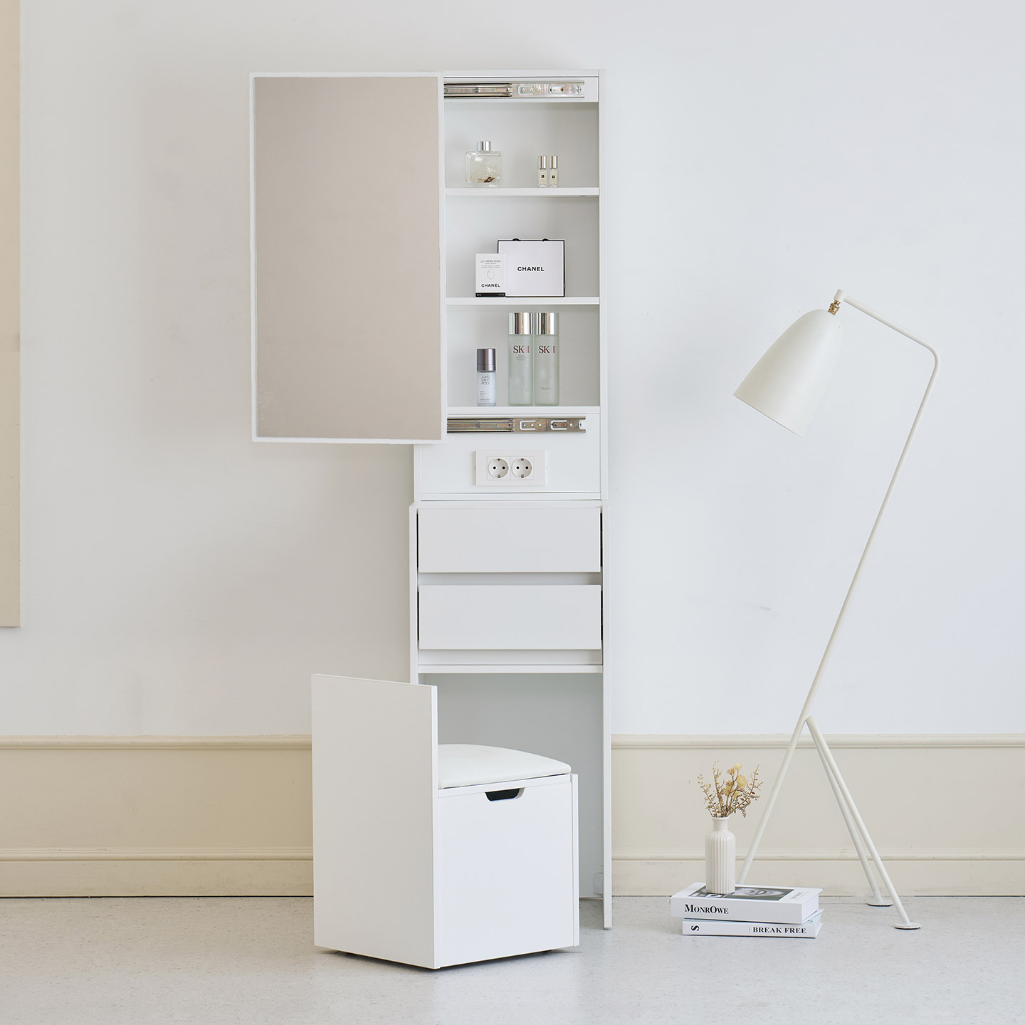 [신상품] 모디카 르엔 틈새 화장대 400 스툴 일체형 화이트