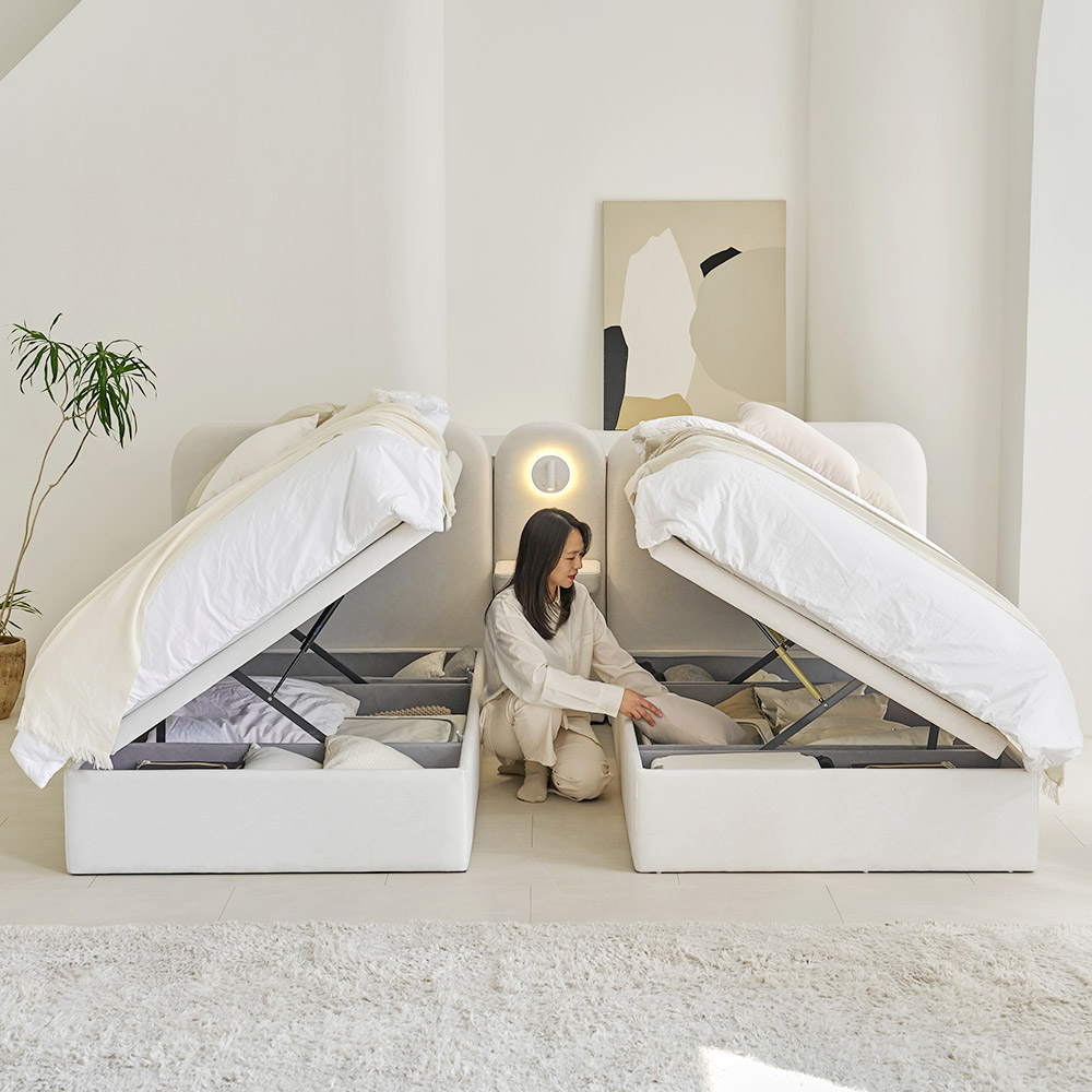 [신상품] 아씨방가구 플랜스 트윈 부부 리프트업 조명 패브릭 호텔 침대 SS 2개+조명협탁 (매트리스 선택)