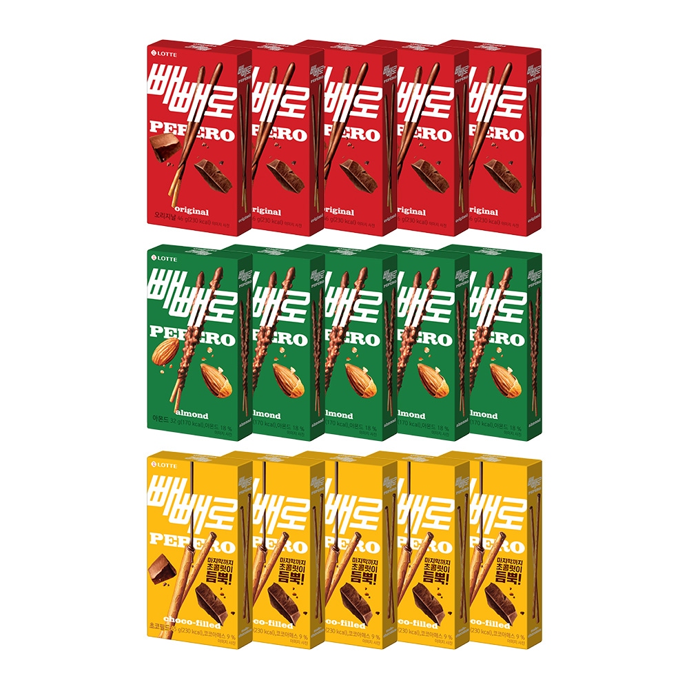 롯데웰푸드 초코빼빼로 46gx5개+아몬드빼빼로 32gx5개+누드빼빼로 45gx5개