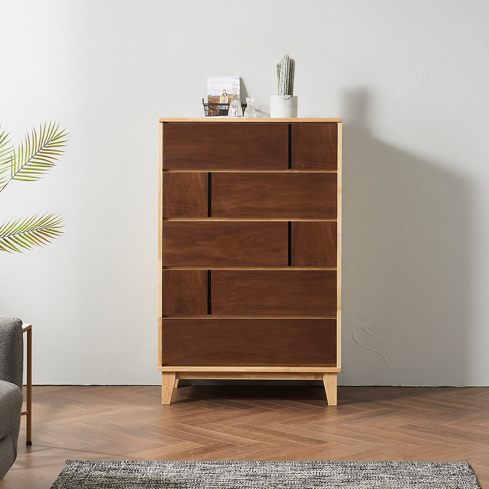 우아미가구 데네트 고무나무 원목 5단 서랍장 800
