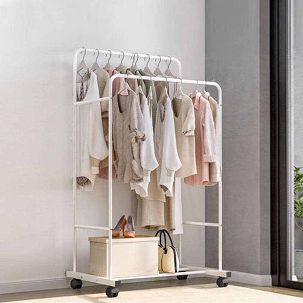 [신상품] 자르파라가구 튼튼한스틸 바퀴이동식 화이트 2단 라운드 행거(80cm) 옷장 쇼핑몰 스탠딩 바지