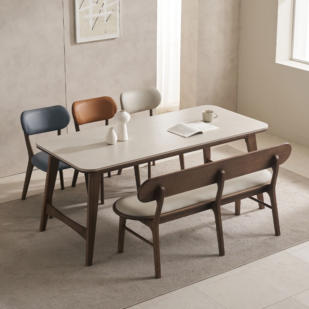 스코나 에킨스 물푸레 애쉬 원목 양면 포세린 세라믹 6인 식탁세트(벤치1개+의자3개) 