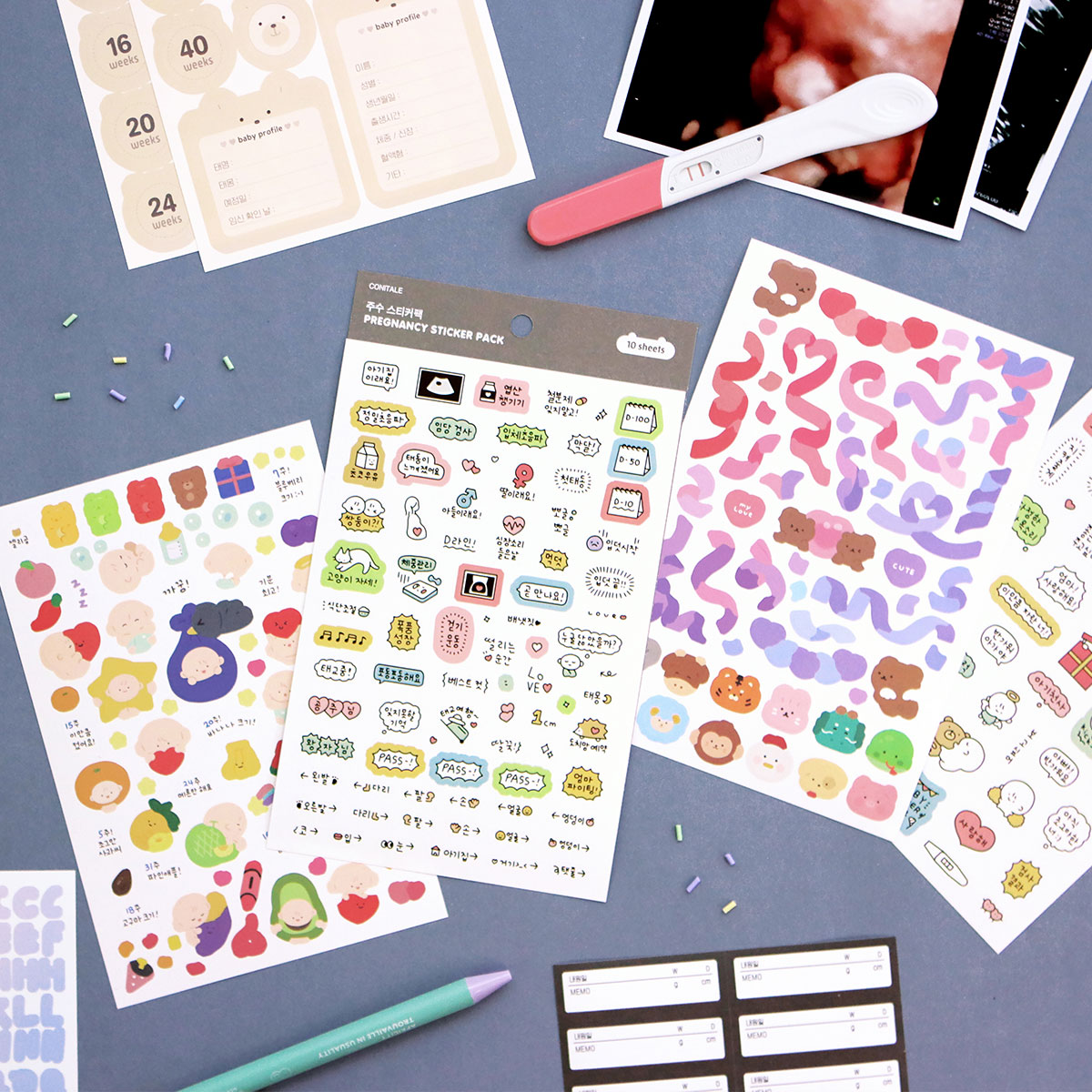 [신상품]코니테일 초음파앨범 임신 주수스티커 꾸미기 세트 10종