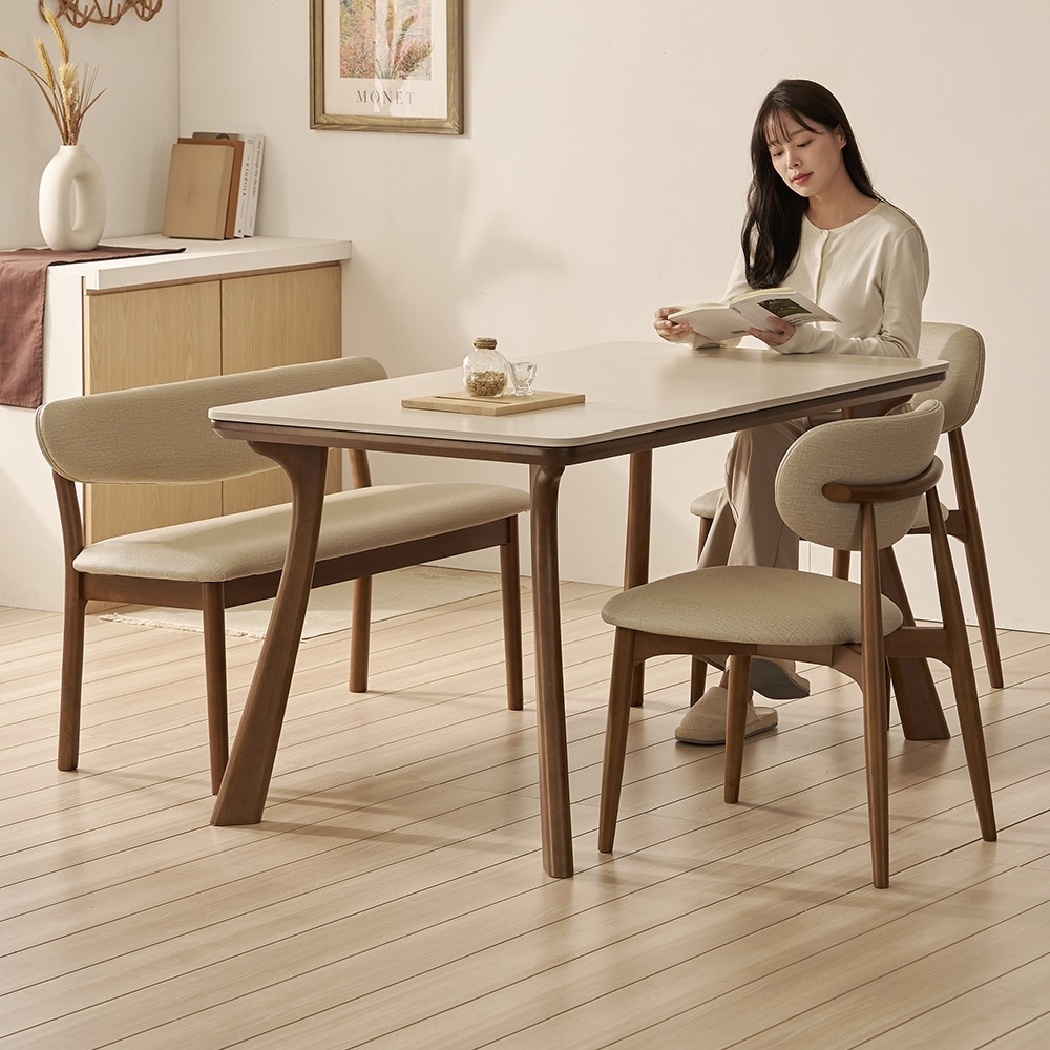 [신상품] 한샘 한샘몰pick 보니애 노르딕 원목 양면 포세린 세라믹 1400 4인용 식탁(의자2+벤치1)