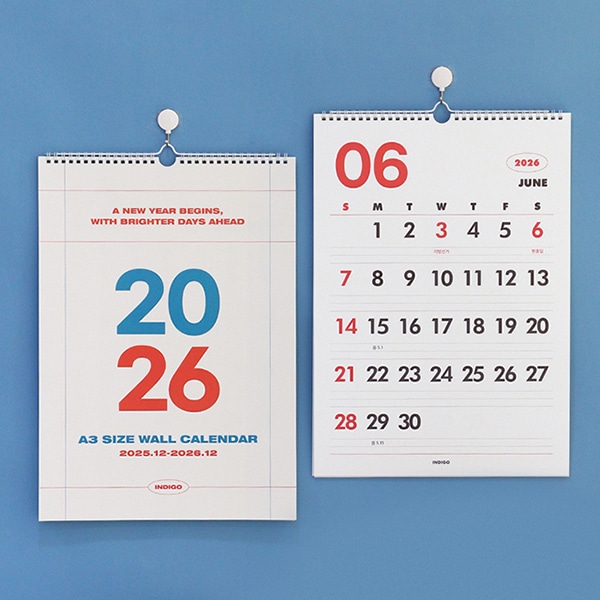 인디고디자인문구 2026 기본 A3 벽걸이 달력 대형 캘린더 집꾸미기 플래너 은행 달력