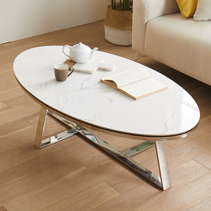 [신상품] 블리스데코 엘린 세라믹 1200 타원형 실버 거실테이블