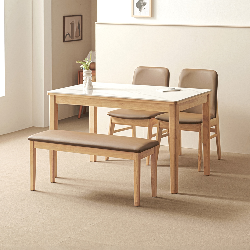 라로퍼니처 루아 1200 유광 포세린 통 세라믹 4인 고무나무 원목 식탁 세트(식탁+의자2+벤치1) 