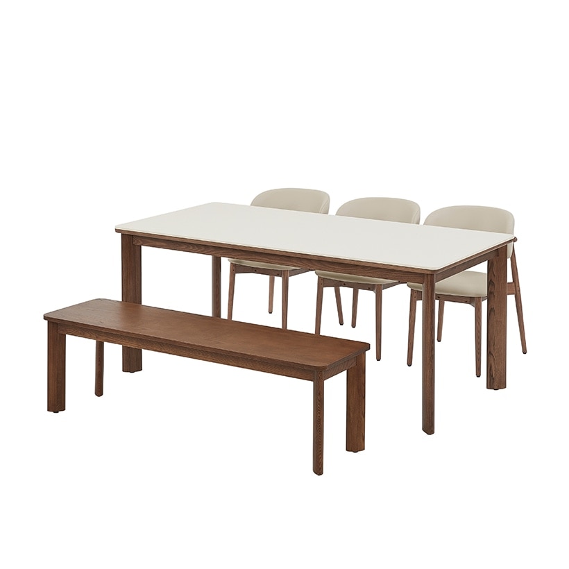 까사미아 포멜로 세라믹식탁 6인세트 180cm 브라운_벤치1500 1EA, 가죽체어 3EA 