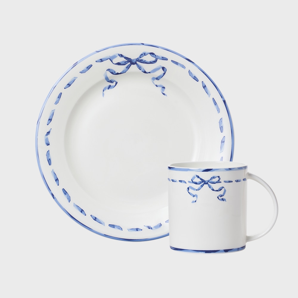 한국도자기 리본블루 머그&접시 1인 세트 2P (스티치)