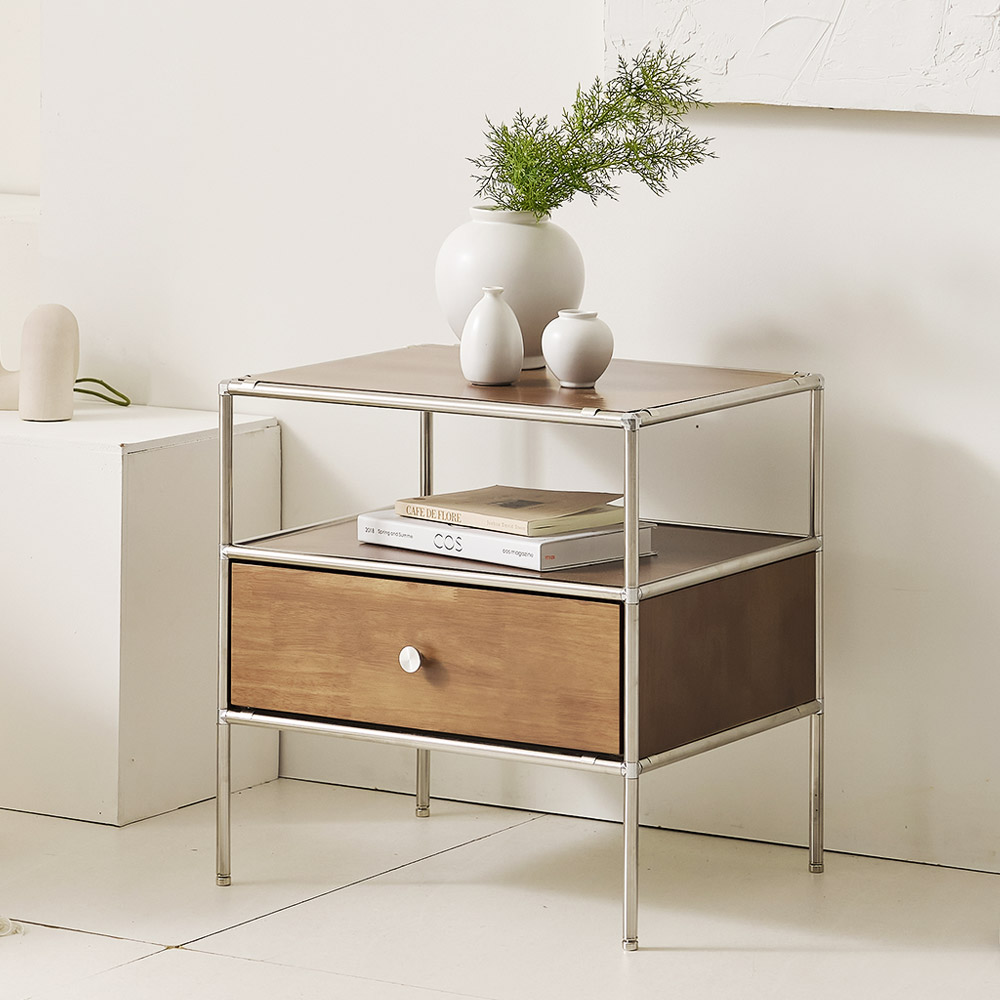 플랜데코 우디 고무나무원목 모듈 침대 옆 협탁 2단 선반장 