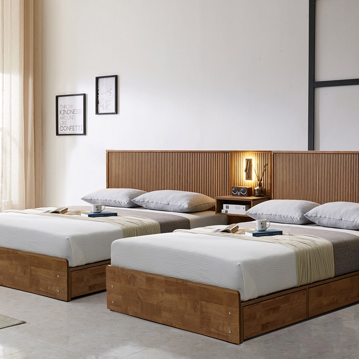 트리플 우드 템바보드 원목 부부트윈침대SS+SS 독립매트(중앙패널1개) 