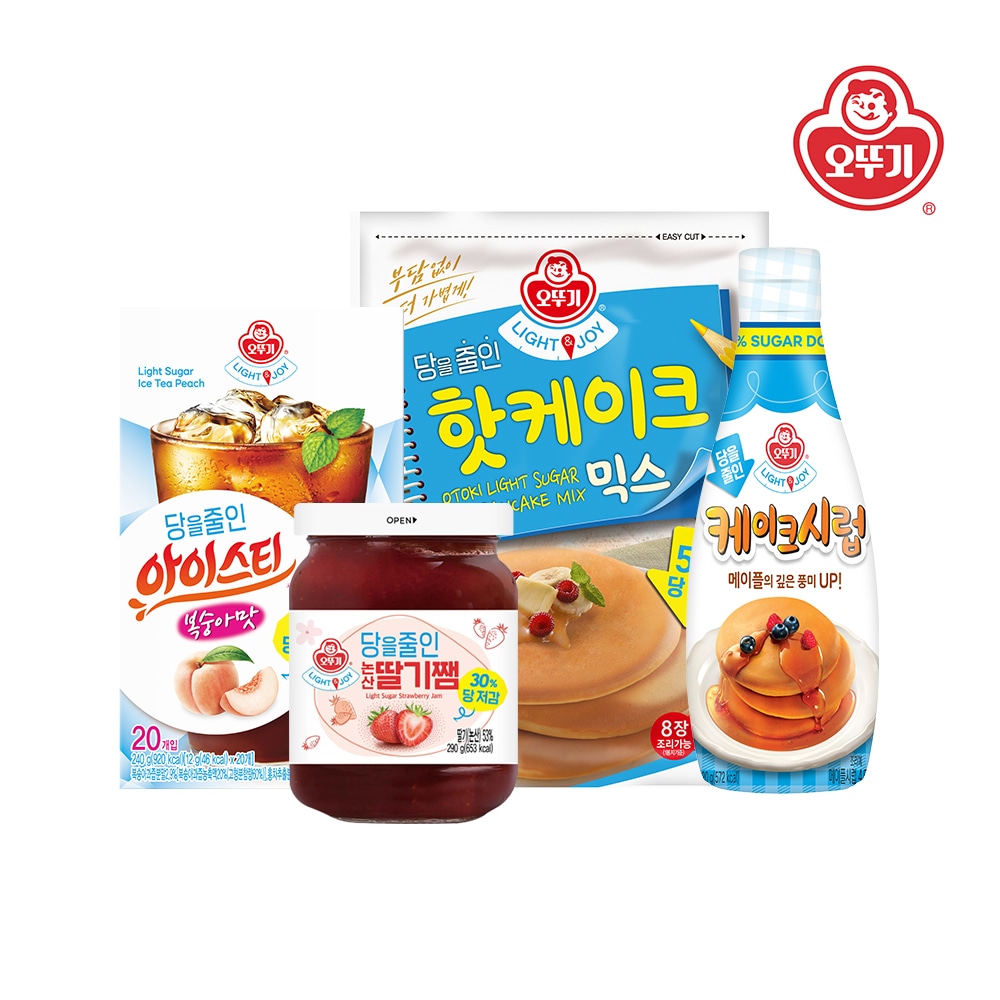 오뚜기 LIGHT&JOY 4종(핫케이크믹스+케이크시럽+논산딸기쨈+아이스티 복숭아맛20T)
