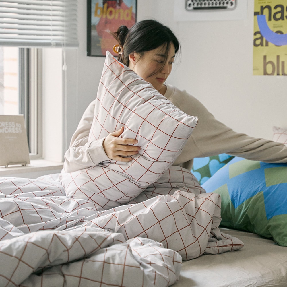 보웰 BWTZ 고밀도 알러지케어/순면 패턴 무봉제 차렵이불세트 스몰그리드 S/SS Q