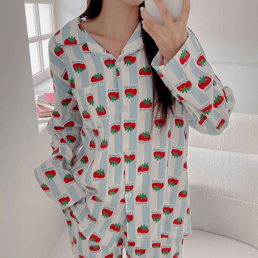 어나더디 토마토 스트라이프 긴팔 순면 파자마 홈웨어 세트 사계절