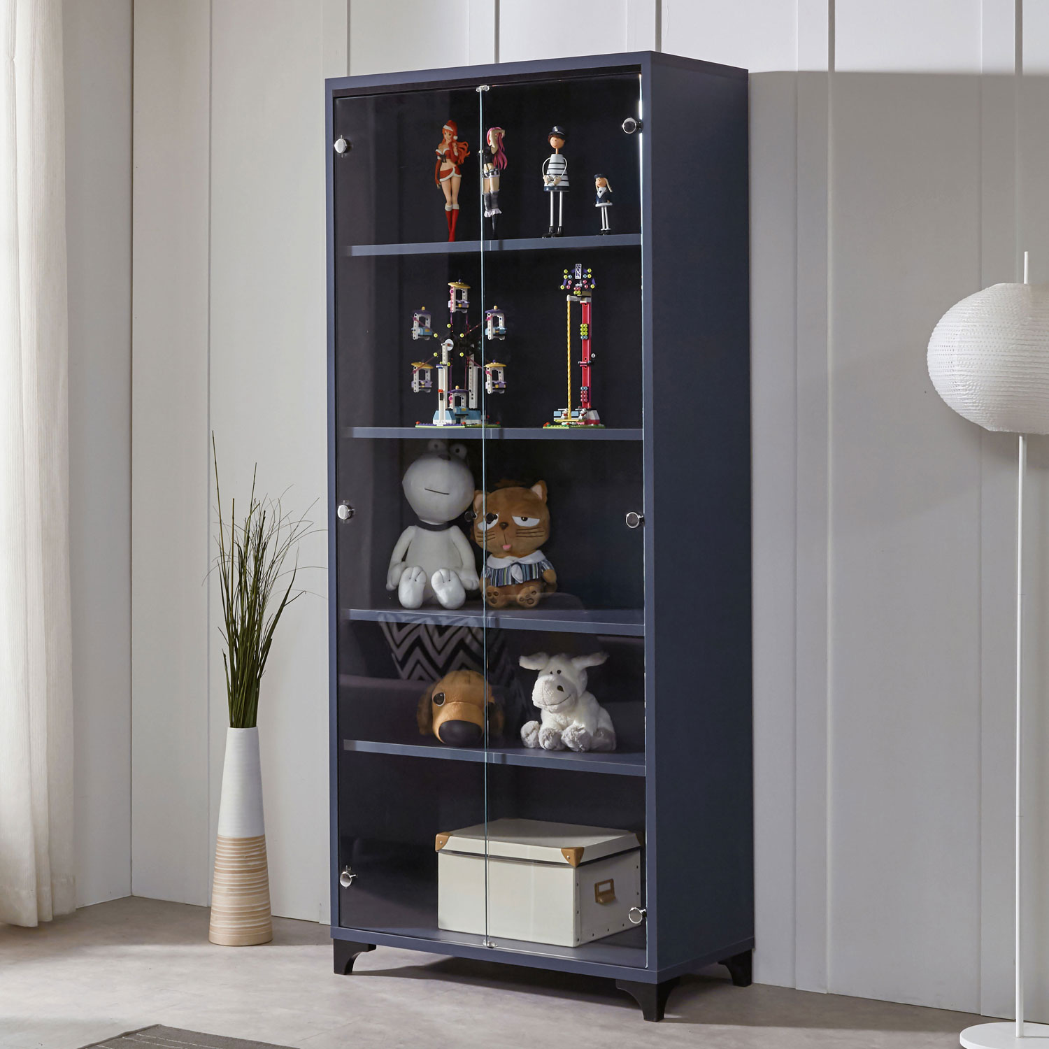 하이플러스 프라하 키높은 1870 강화유리 장식장 진열장 피규어장 3 color - 프라하 키높은 800 장식장_네이비 