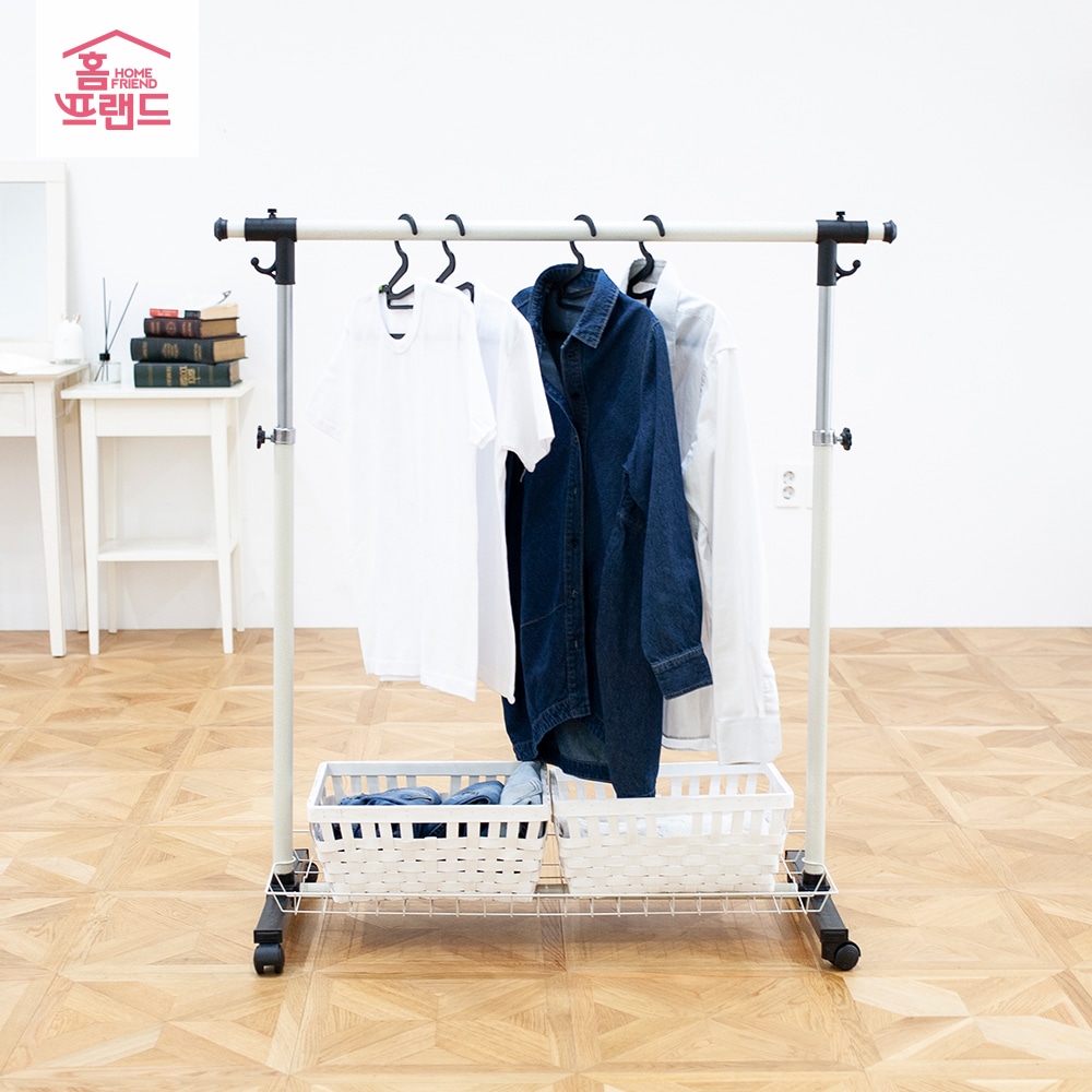[홈프랜드][신상품]홈프랜드 바퀴달린 심플 옷걸이 행거 모음(실버&화이트&블랙) - 바퀴달린 옷걸이 행거 (실버&화이트&블랙/ 하단 선반)