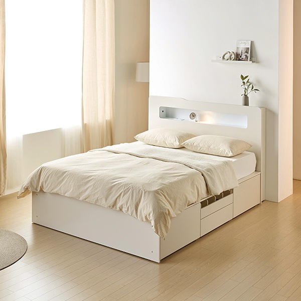[신상품] 알파침대 국내생산 테라 LED 2단 빅서랍 대용량 깊은 수납 침대프레임+매트선택 (SS/Q/K) - 무헤드 2단 수납 / Q K 공용_크림화이트