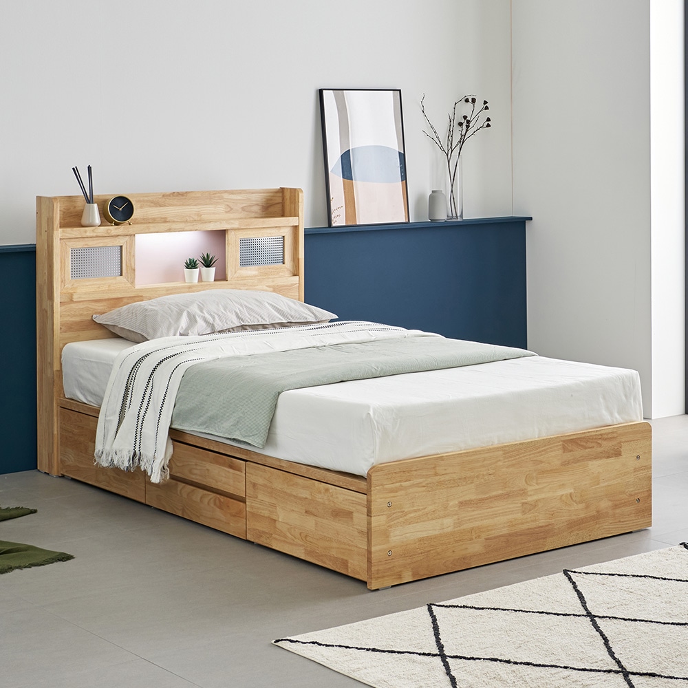 엘레아 에일 고무나무 원목 LED 수납 슈퍼싱글 퀸 사이즈 침대 프레임 2colors - 에일 고무나무 원목 LED 수납 슈퍼싱글 침대_내추럴