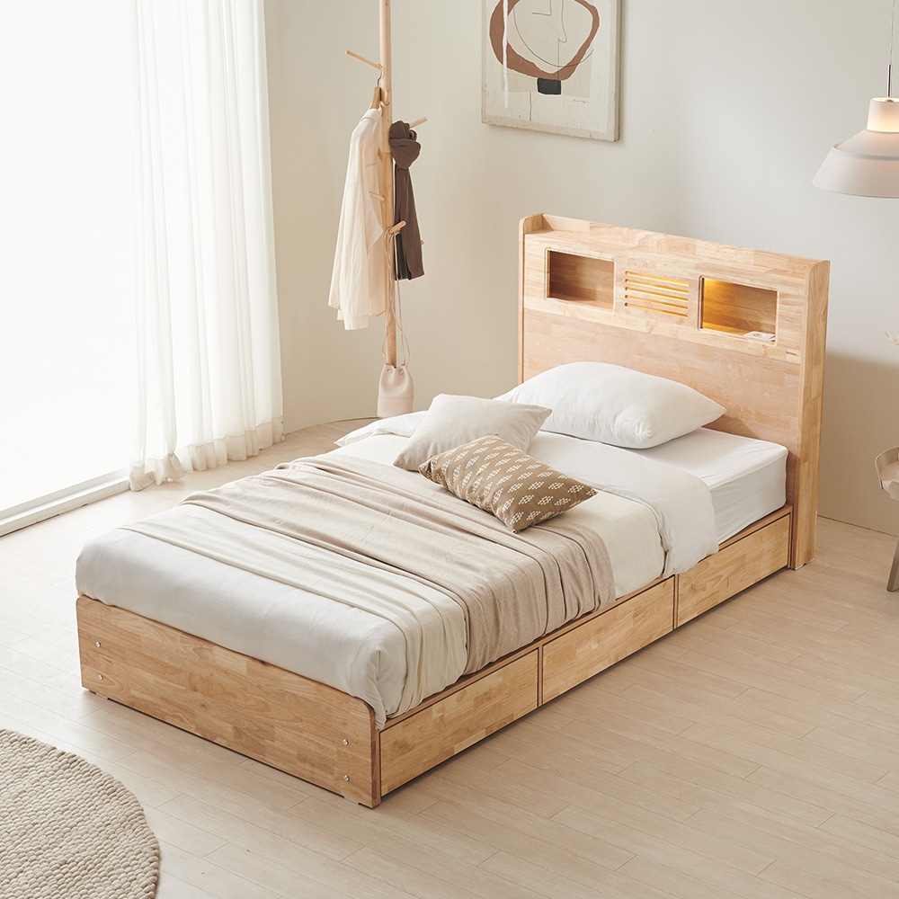 [신상품] 핀란디아 네이쳐 LED조명 서랍 수납 원목침대 SS/Q - SS침대 프레임 (매트리스 제외)