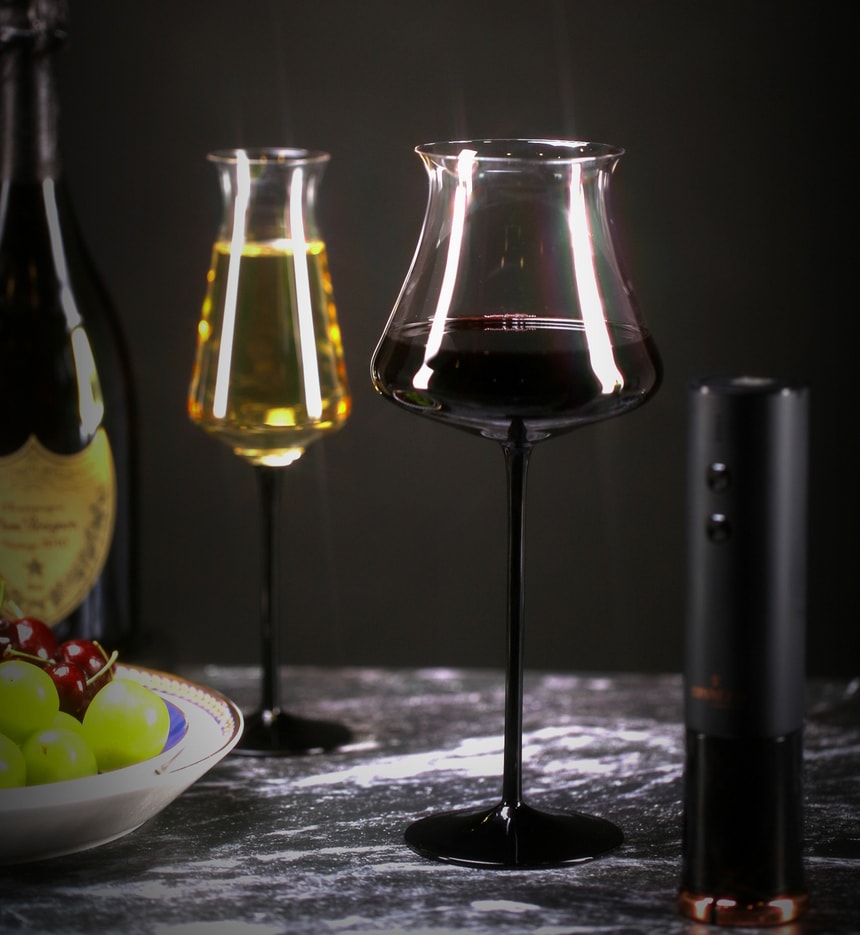 비니드 킹더랜드 천사랑 와인잔 샴페인잔 블랙플라워 시리즈 ( 640ml ) - 블랙스템 단품 캐리박스 풀패키지