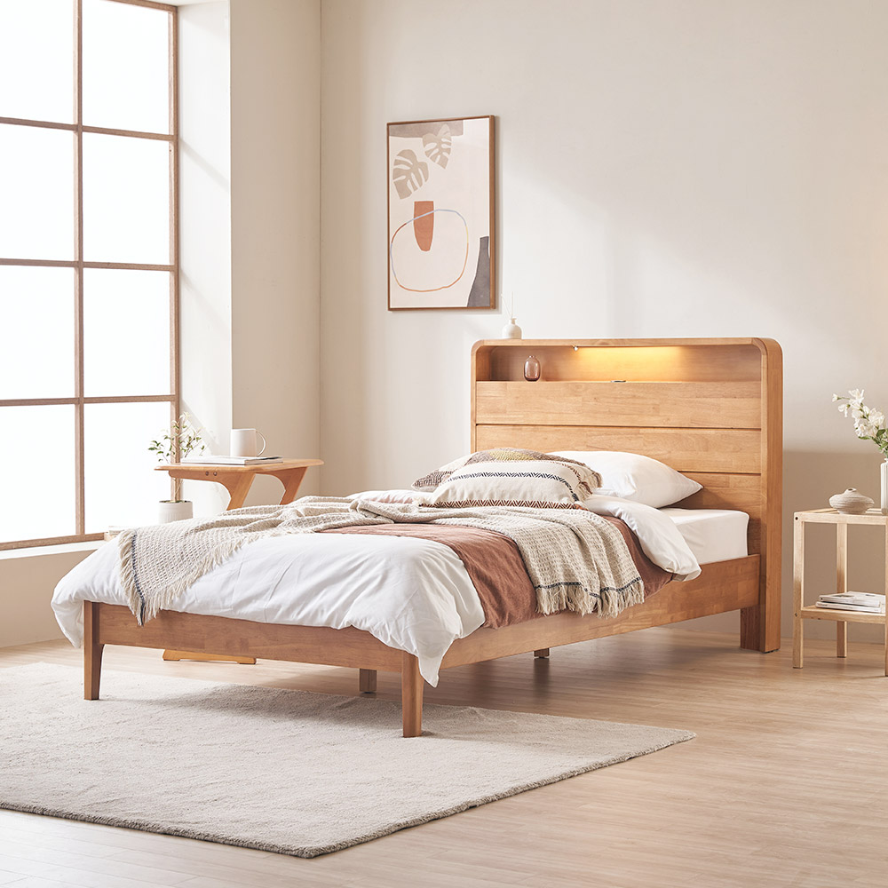 [신상품] 핀란디아 로렌스 고무나무 100% 통깔판 평상형 LED 조명 원목 침대 SS/Q - SS 매립형