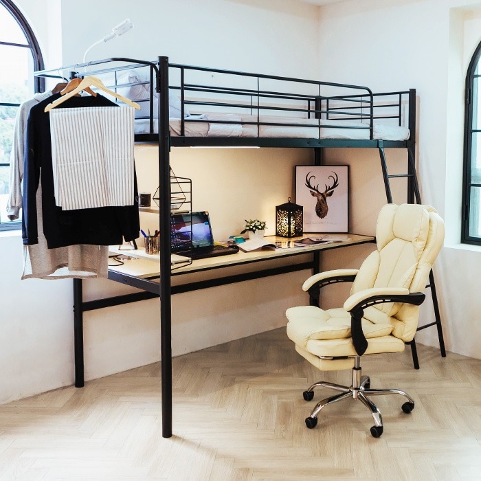 일루일루 코모드i 올인원 책상형 벙커침대 프레임 철제 수납 선반 성인 학생 2층 + 매트포함 - 블랙_CL라텍스폼(S) 