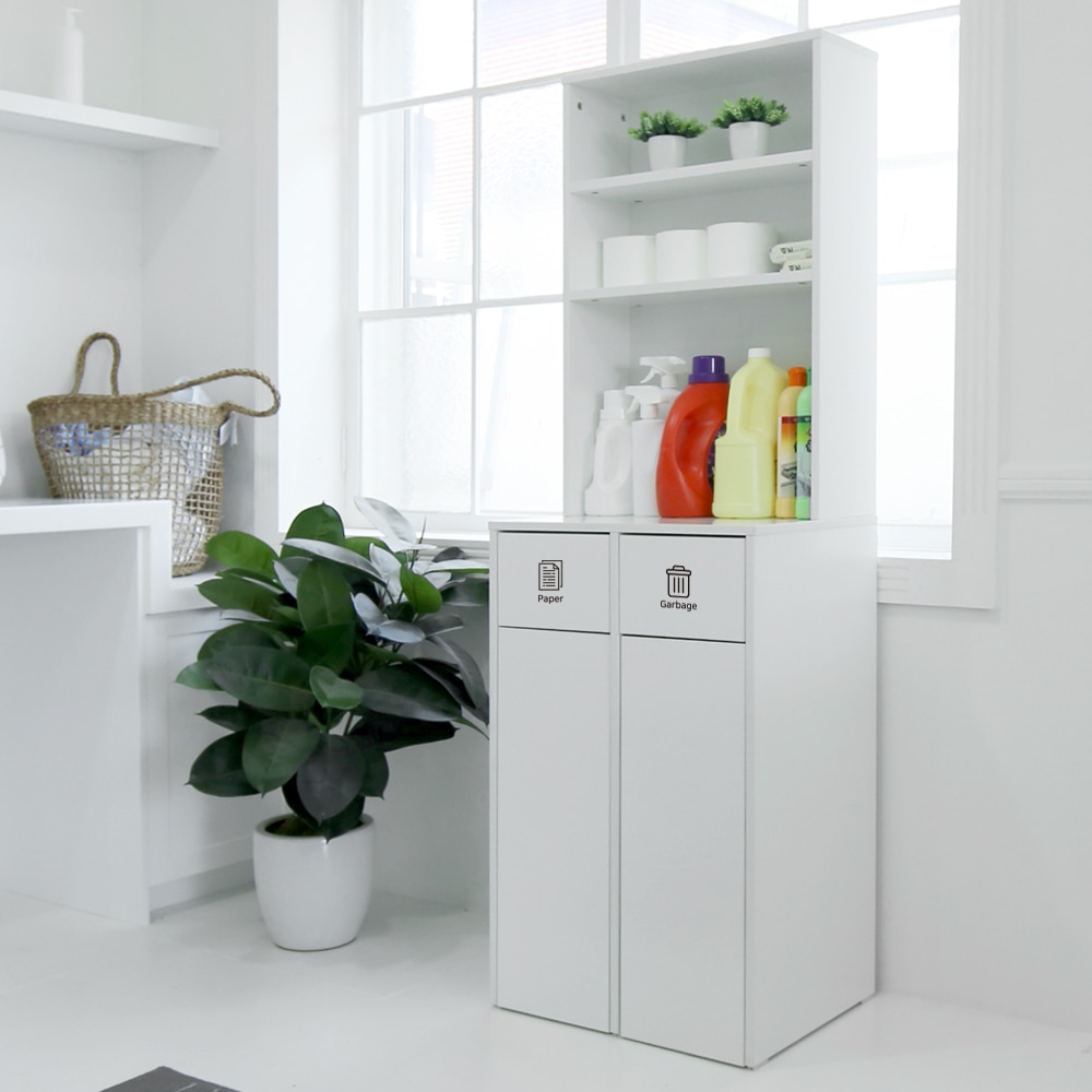 [신상품] 필웰 E0자재 ST9655 2칸 가정용 업소용 재활용 분리수거함 상부 수납장세트 70L