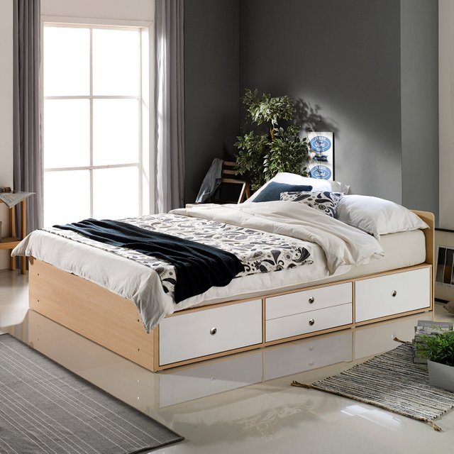 DF동서가구 레몬 내추럴 수납헤드 2단 4서랍 수납 침대 SS/Q (매트리스 선택) - Q 프레임_907939_메이플