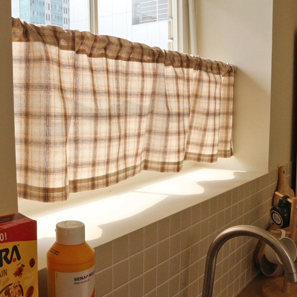 맨드롱 레트로 빈티지 체크 주방 부엌 작은창 짧은 작은창 봉집형/벨크로 바란스 가림막 가리개 커튼 - (봉집형) 아몬드체크 140X35