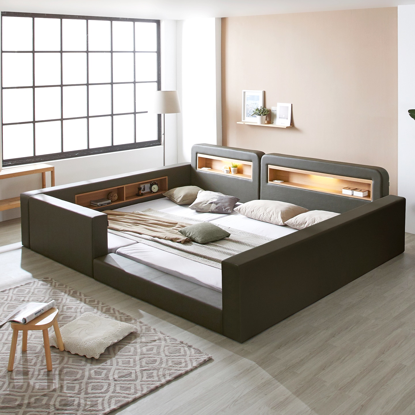 파로마 해피 LED 패밀리 침대 범퍼형 + 매트리스 - 해피 범퍼형 패밀리침대3.3M+솔리드본넬Q+Q_초코브라운