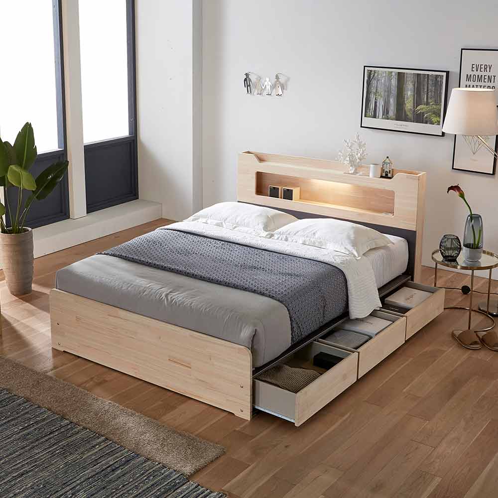 [신상품] 장인가구 스텔라 LED 편백나무원목 4서랍 수납침대 SS/Q 매트포함 - 스텔라 LED 편백나무원목 4서랍 수납침대 Q_포켓 매트