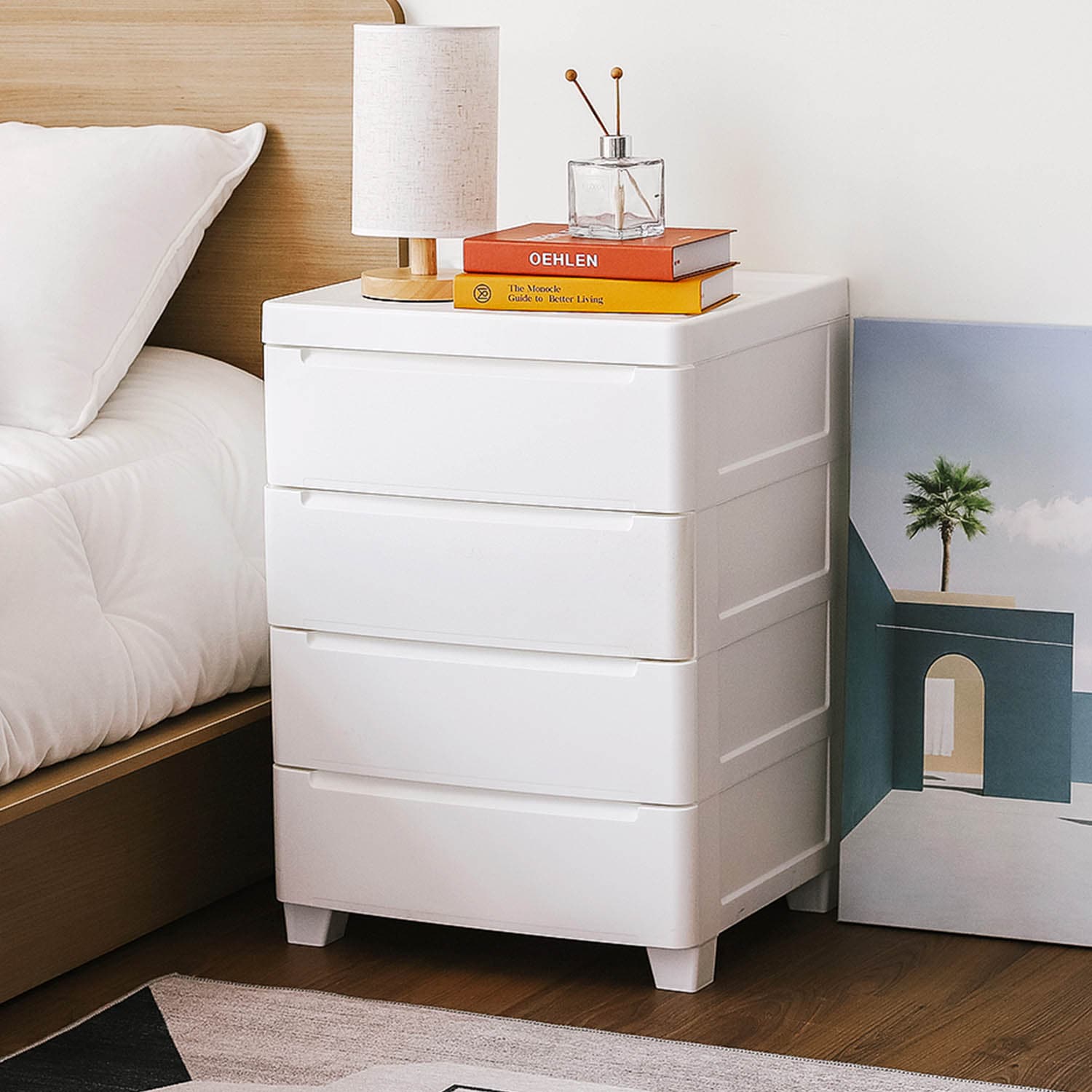 [오늘출발][신상품]아이리스코리아 4단 와이드 플라스틱 서랍장 옷 수납 협탁 겸용 화이트 폭 45cm