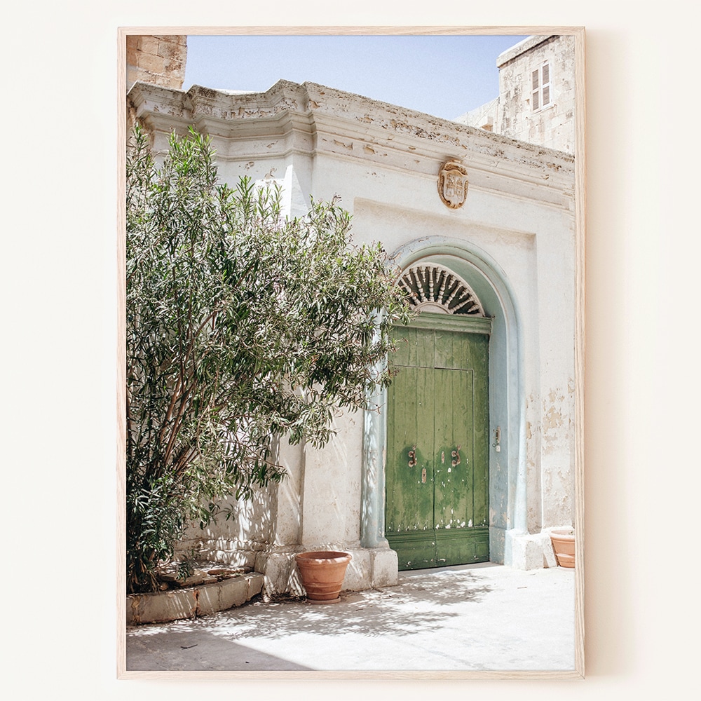 로얄블루아트샵 지중해 마을의 초록 대문과 식물이 있는 풍경 포스터 액자