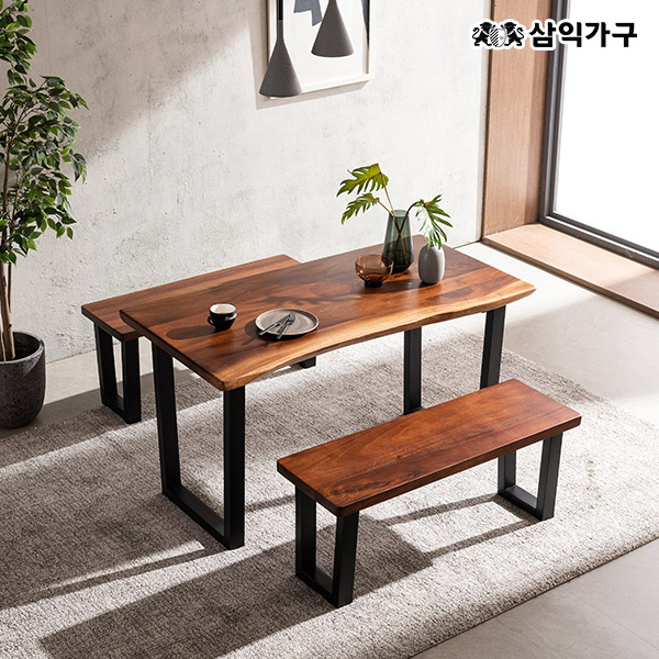 삼익가구 넬리 로즈우드 우드슬랩 4인용 식탁 세트(벤치2개포함) 