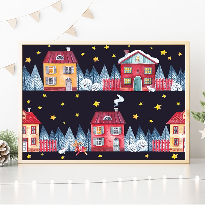 [신상품]로얄블루아트샵 크리스마스 밤의 루돌프와 토끼 일러스트 포스터