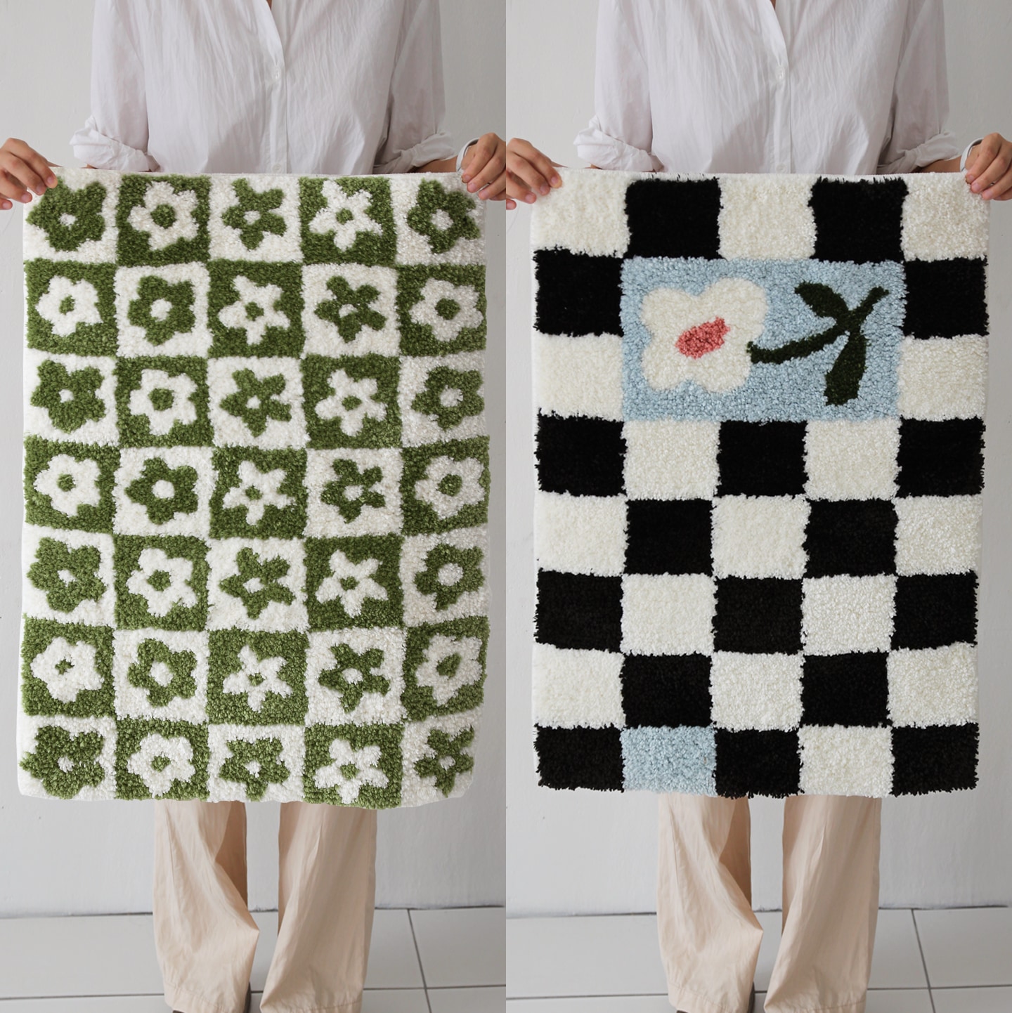 [오늘출발] [신상품] 더프리그 플라워 체커보드 프리미엄 터프팅 유니크 러그 욕실 발매트 2color