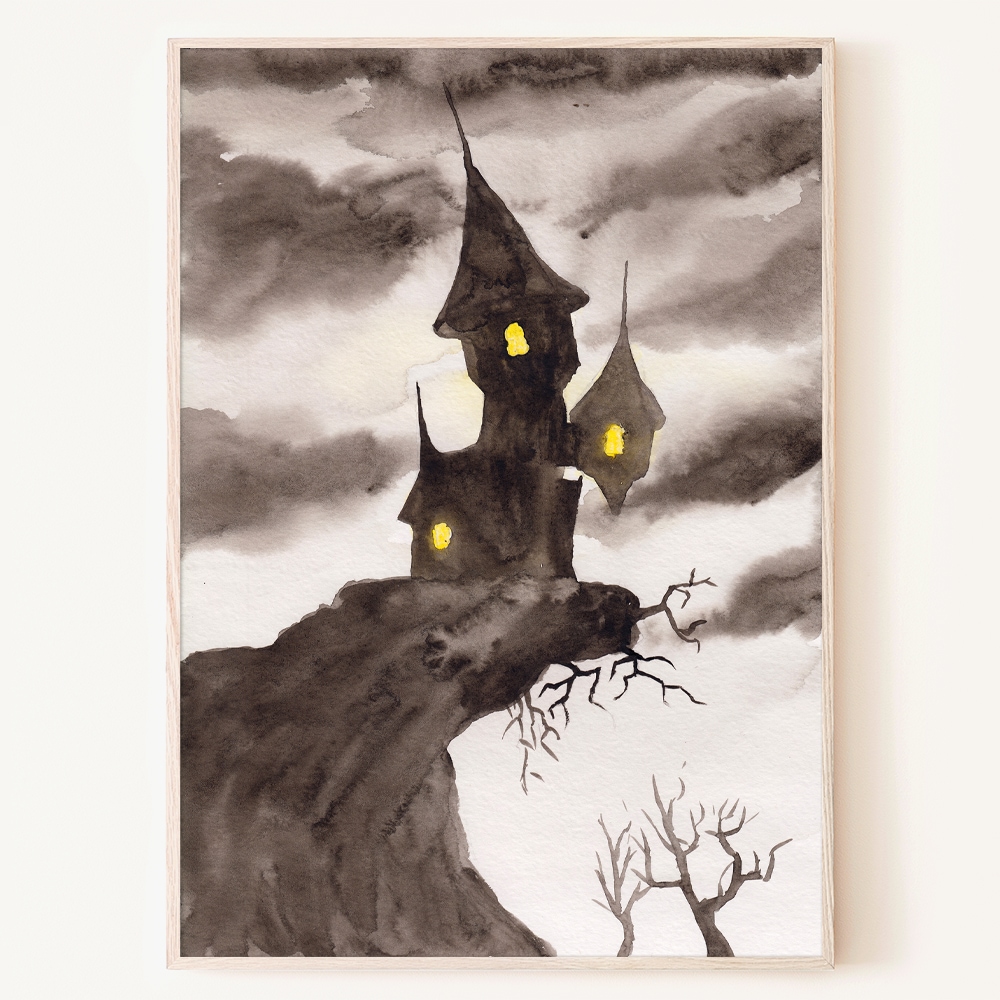[신상품]로얄블루아트샵 절벽 위의 드라큐라 성 할로윈 공포 그림 수채화