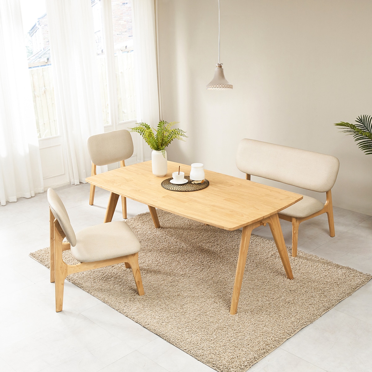 헤닝 마이홈 4인 낮은 원목 와이드 식탁세트 1600 (벤치1개+의자2개) 