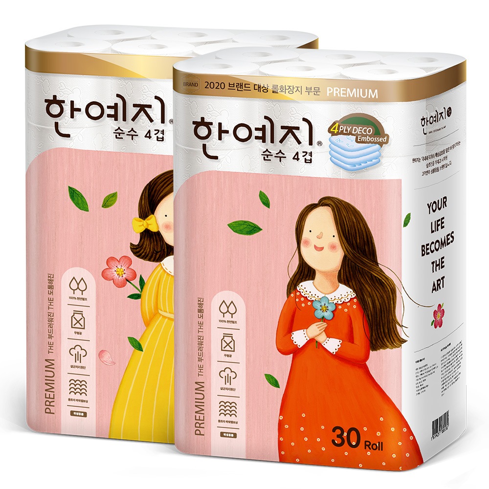 한예지 프리미어 순수 4겹 천연펄프 화장지 30롤 x 2팩