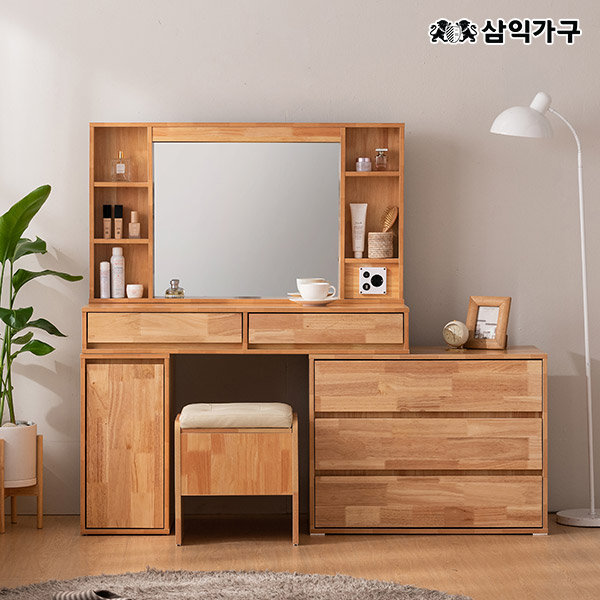 삼익가구 로우드 3단서랍형 LED조명 확장형 원목 화장대 세트(스툴포함) 