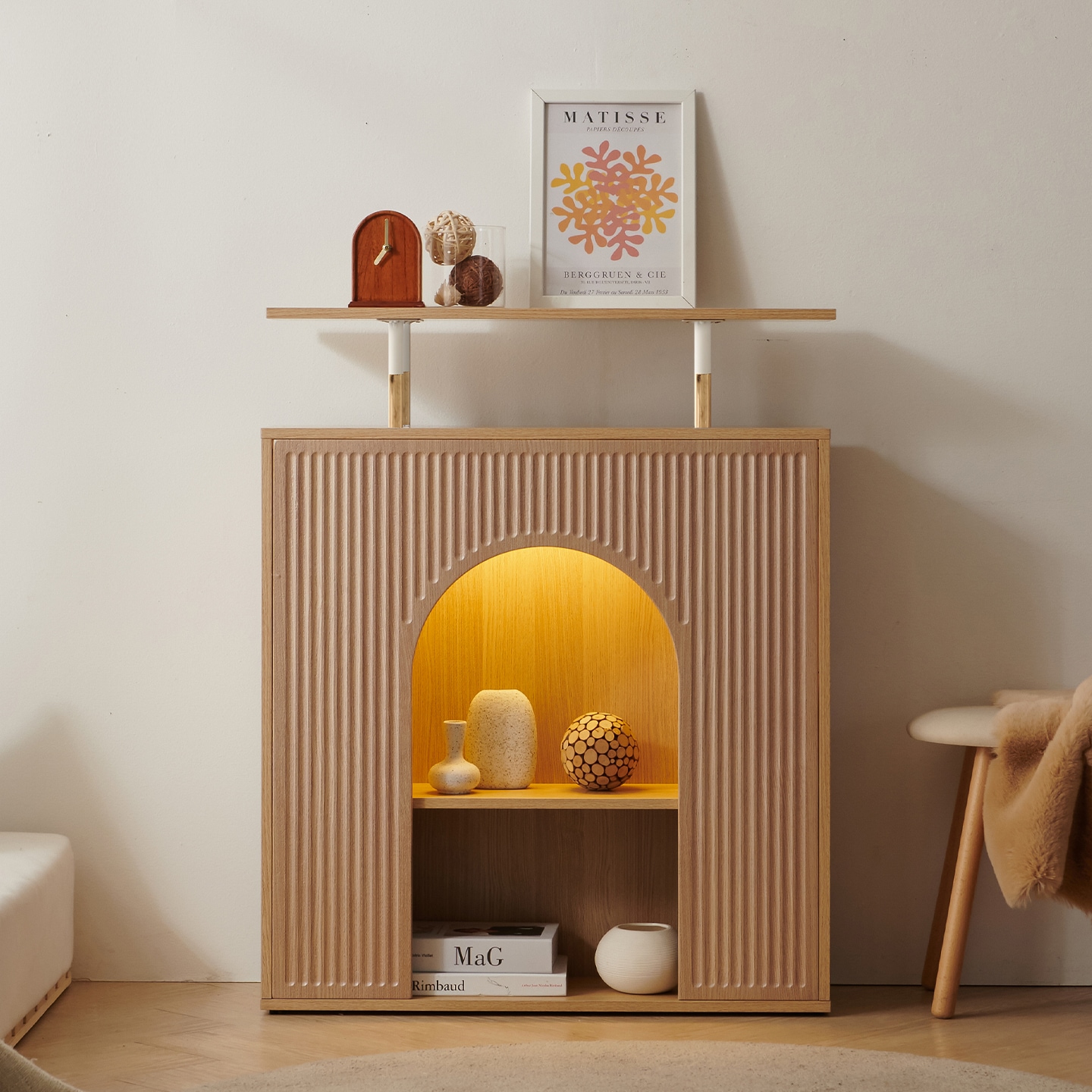 [신상품] 블랑누보 아치 벽난로 콘솔 장식장 LED 선반 수납장 2colors