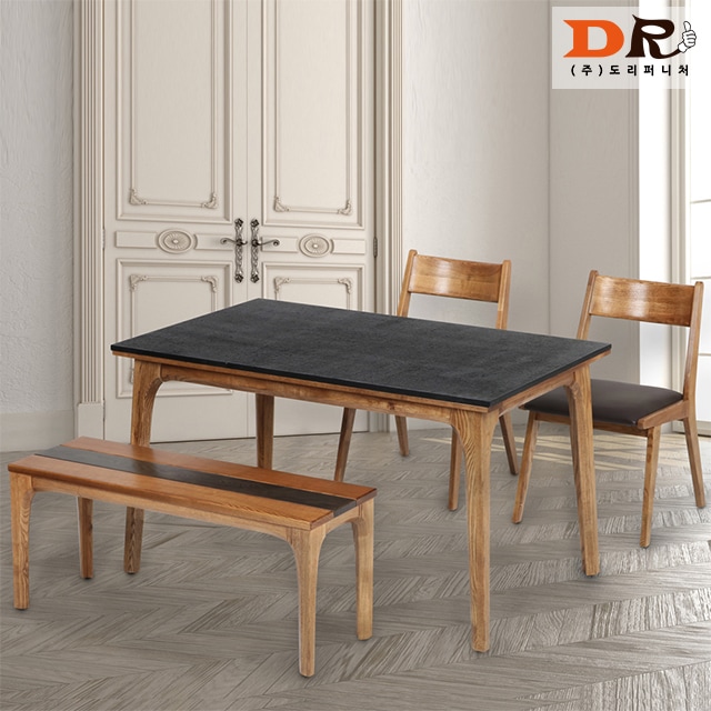 도리퍼니처 찰스톤 4인 식탁 세트 (의자형/벤치형) / 에쉬 원목 화산석 대리석 고급 테이블 의자
