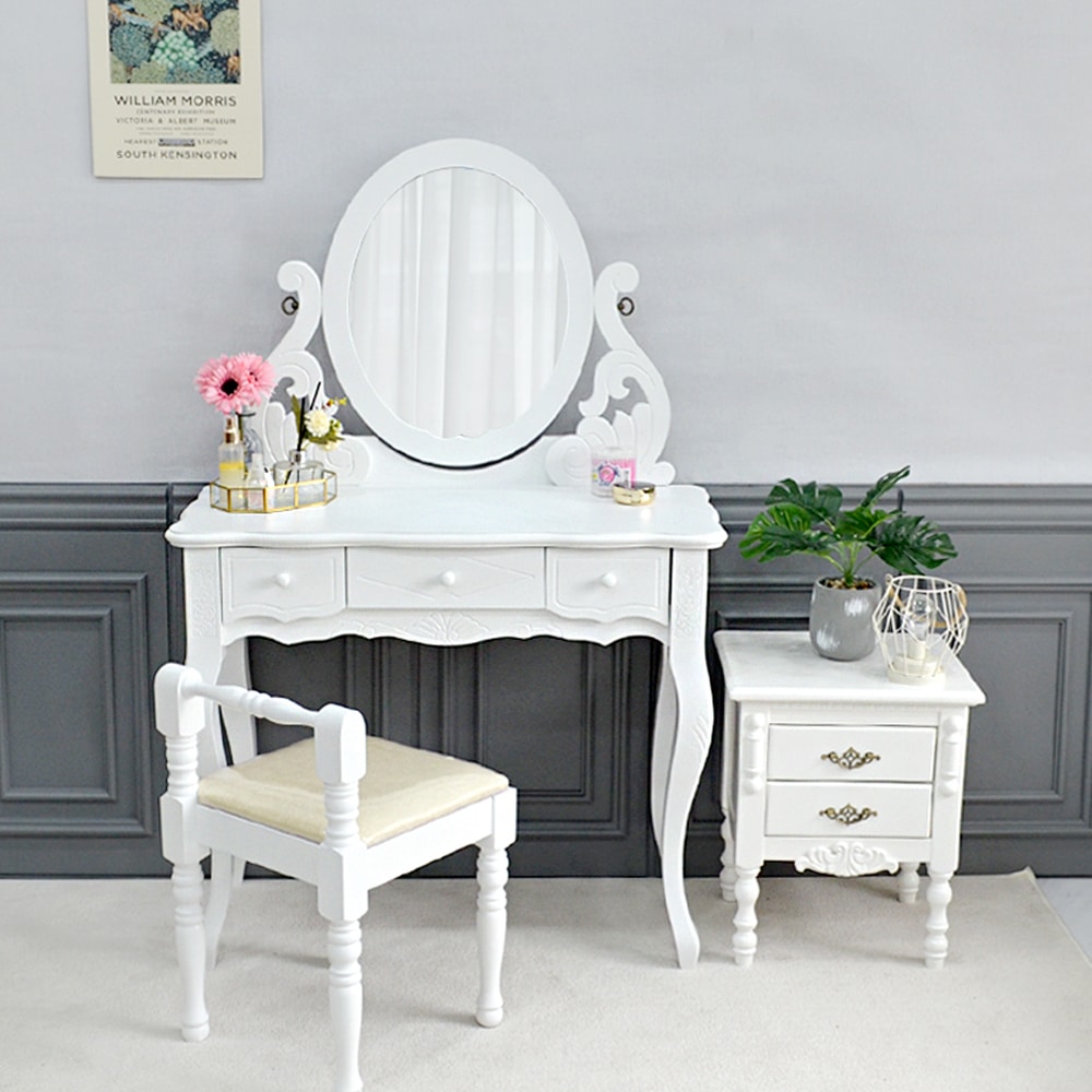 [신상품] 미세몽 유나 화이트 화장대서랍장 엔틱 원목 수납 입식 콘솔 수납장 화장대 세트
