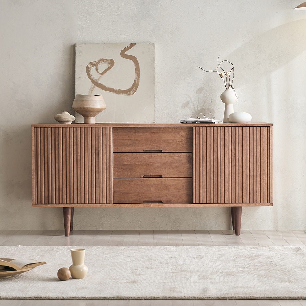 핀란디아 몬테 1600 고무나무 원목 TV 슬라이딩 거실장 