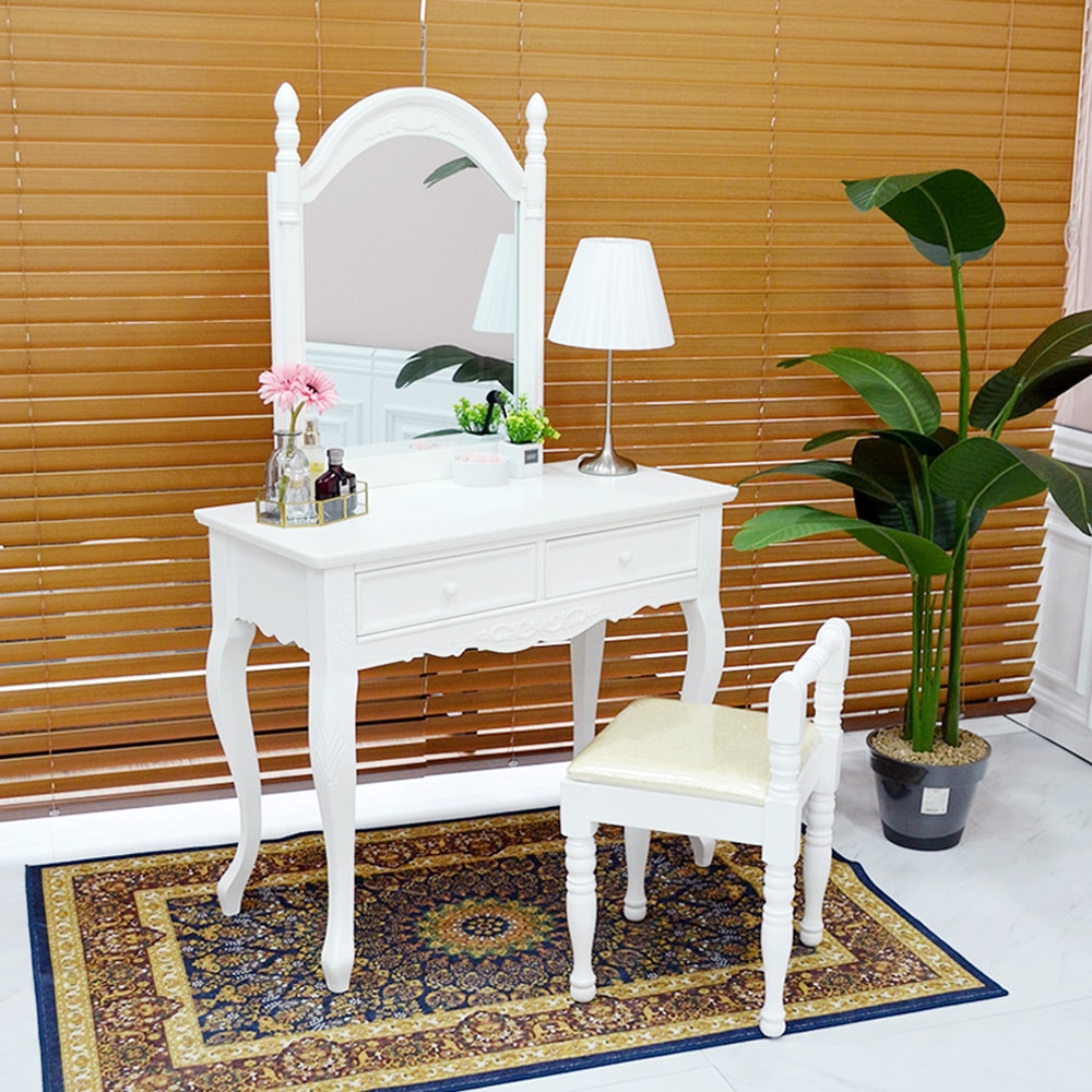 [신상품] 미세몽 뷰티플 화이트 화장대서랍장 엔틱 원목 수납 입식 콘솔 수납장 화장대 세트